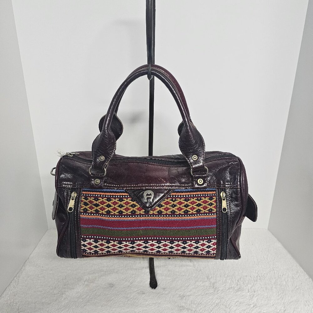 Aigner Brown Tapestry Leather Southwestern Handbag Boho Distressed Retro - Picture 11 of 11